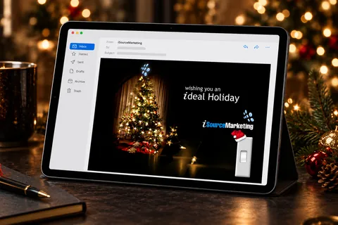 iSource Marketing holiday email on a tablet