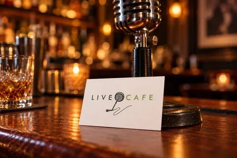 Live Cafe business card beside a vintage microphone in a bar