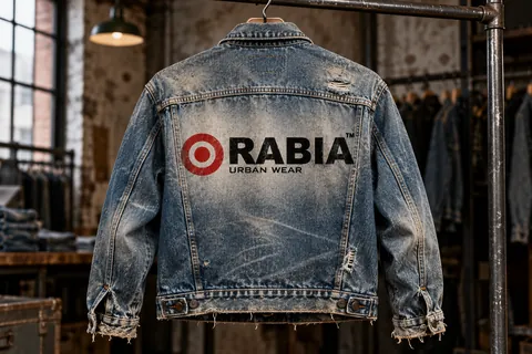 RABIA branding on a worn denim jacket